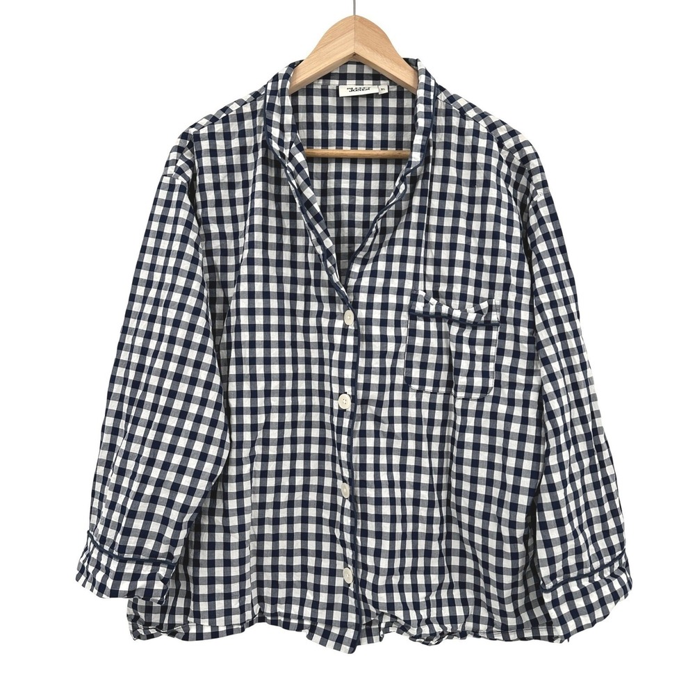 Sleepy Jones Marina Pajama‎ Shirt Navy White Gingham Cotton Button Up Womens XL - Picture 2 of 7
